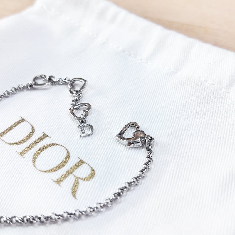 DIOR 愛心 水鑽D字 愛心龍蝦扣 銀色 首飾套組(項鍊+手鍊)-7