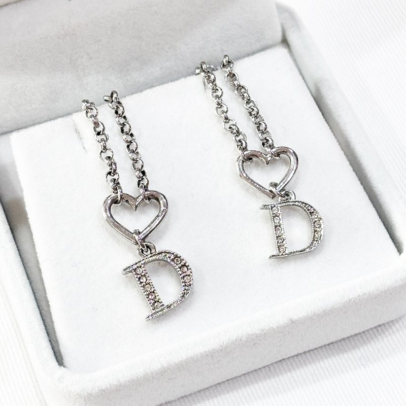 DIOR 愛心 水鑽D字 愛心龍蝦扣 銀色 首飾套組(項鍊+手鍊)-8