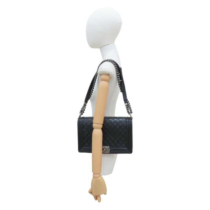 黑色 菱格紋 羊皮 Boy 28 鍊帶 肩背包 銀釦【CHANEL 香奈兒】 A92193-11