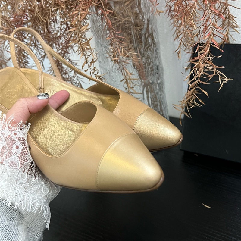 Chanel 裸色拼金色高跟单鞋 36.5码-5