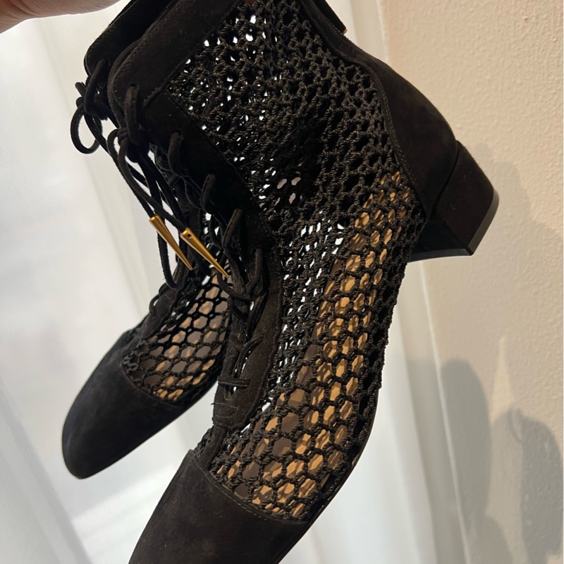 DIOR/迪奧鞋子 Naughtily-D  黑色鏤空踝靴 女款 中跟系帶靴子 尺碼：37碼-1