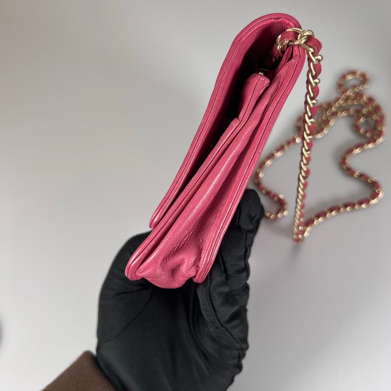 CHANEL 山茶花壓花銀扣WOC包 粉 18開-2