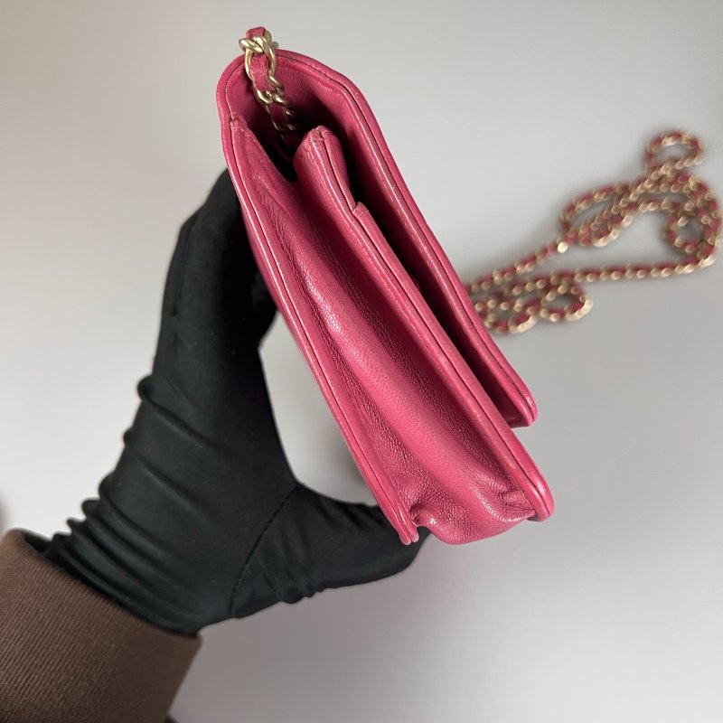 CHANEL 山茶花壓花銀扣WOC包 粉 18開-3