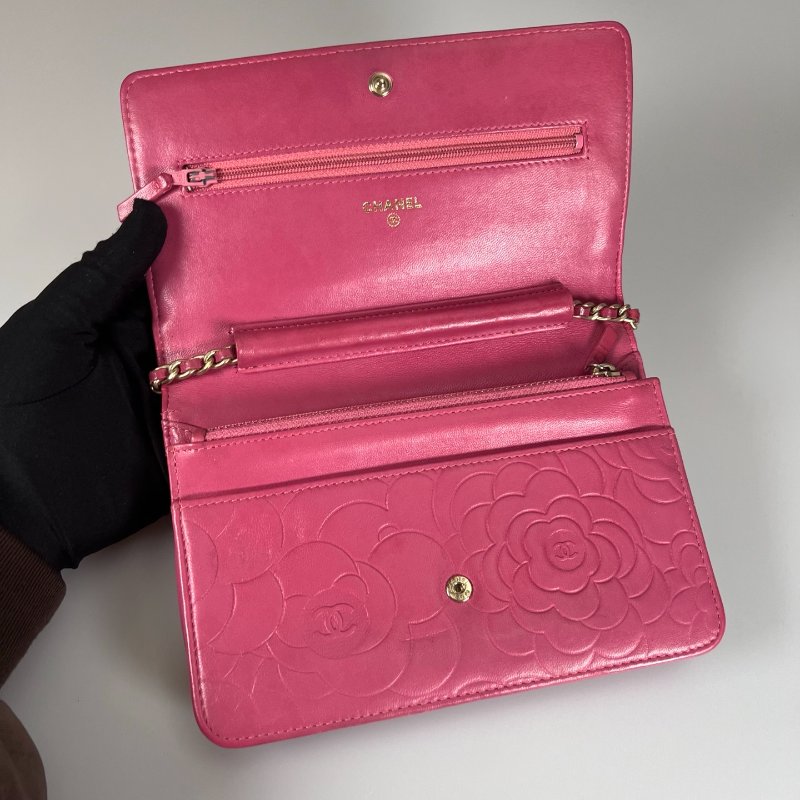 CHANEL 山茶花壓花銀扣WOC包 粉 18開-4