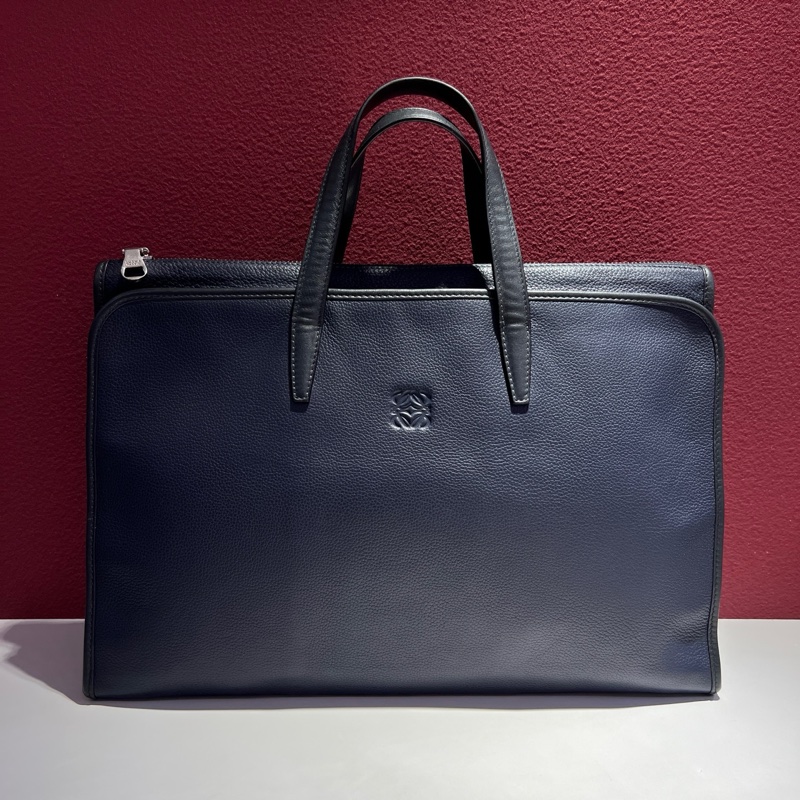 羅意威/Loewe 深藍色荔枝紋 印花 雙層公文包 手提包 🈚附件-0