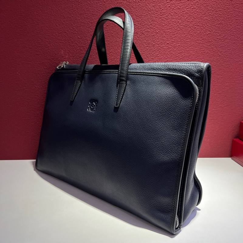 羅意威/Loewe 深藍色荔枝紋 印花 雙層公文包 手提包 🈚附件-2