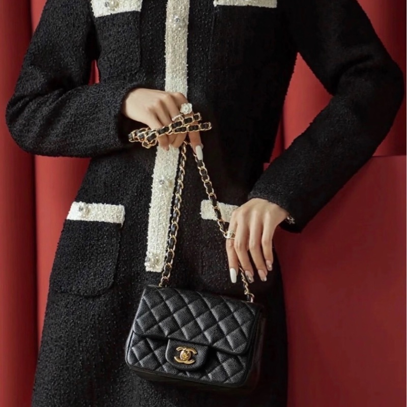 「JL精品代購」9新 Chanel 香奈兒黑金荔枝牛皮方胖-1