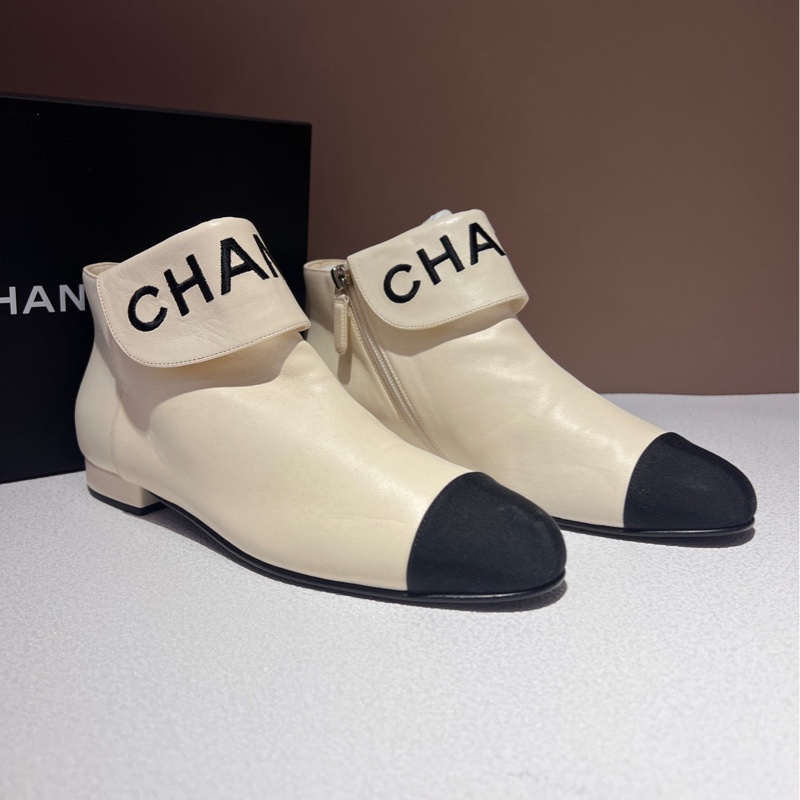香奈兒/Chanel 黑白 38碼 靴子羊皮革與羅緞 跟高 15 mm 🈚附件-0