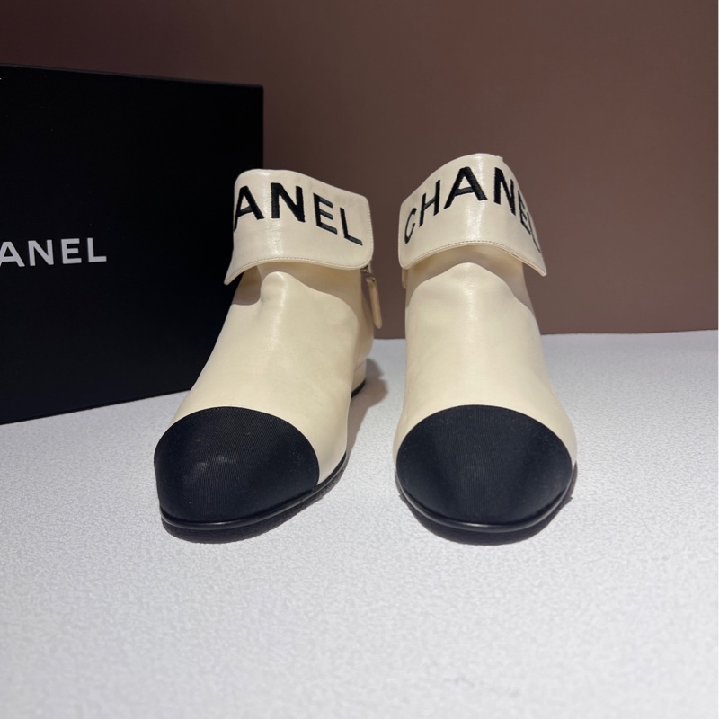 香奈兒/Chanel 黑白 38碼 靴子羊皮革與羅緞 跟高 15 mm 🈚附件-1