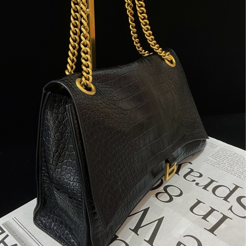 巴黎世家/Balenciaga黑色鰐魚壓紋crush大號 單肩斜挎包-4