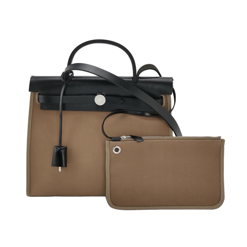 Hermes Herbag31斜挎包單肩包Hunter牛皮帆布銀扣18etoupe大象灰89黑色-0