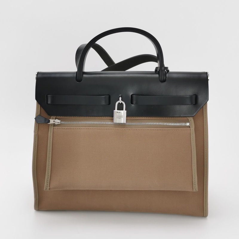 Hermes Herbag31斜挎包單肩包Hunter牛皮帆布銀扣18etoupe大象灰89黑色-1