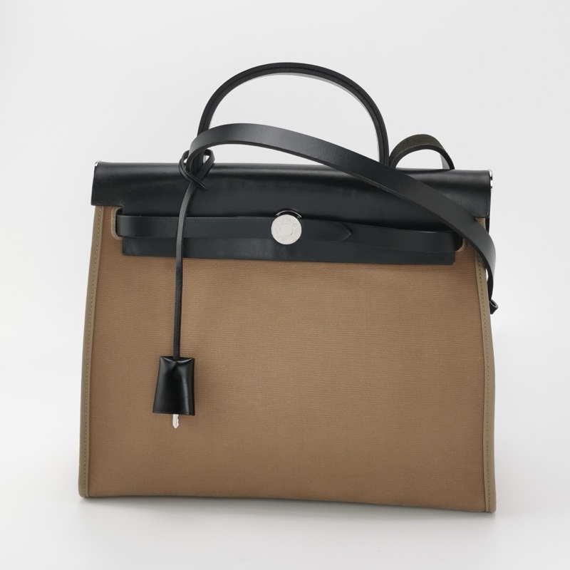 Hermes Herbag31斜挎包單肩包Hunter牛皮帆布銀扣18etoupe大象灰89黑色-2