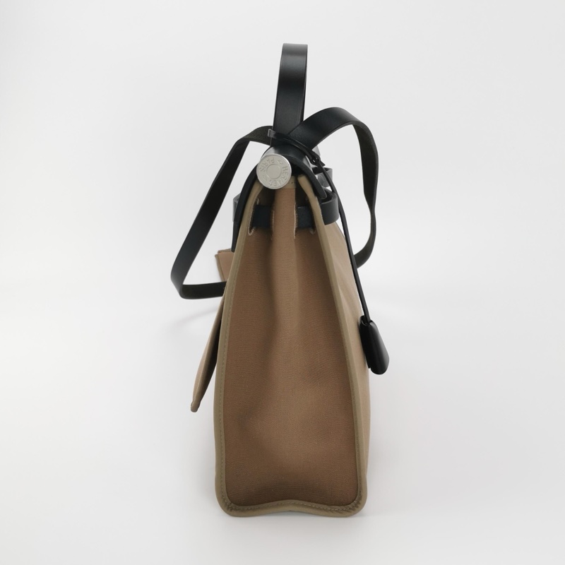 Hermes Herbag31斜挎包單肩包Hunter牛皮帆布銀扣18etoupe大象灰89黑色-4