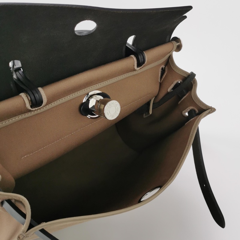 Hermes Herbag31斜挎包單肩包Hunter牛皮帆布銀扣18etoupe大象灰89黑色-8