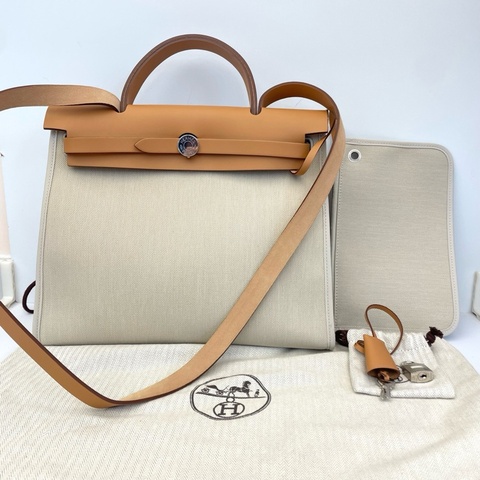 HERMES 愛馬仕Herbag31 米色拼棕蓋外縫手提包