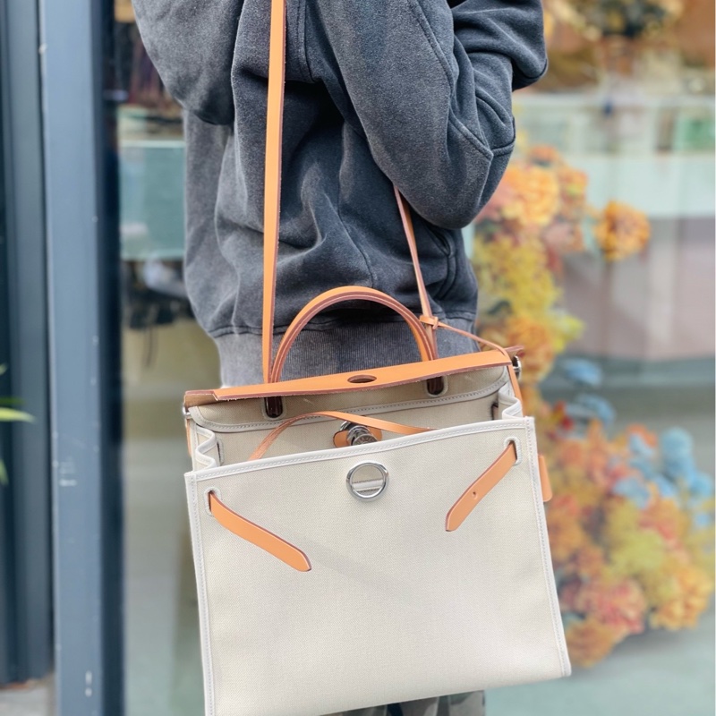 HERMES 愛馬仕Herbag31 米色拼棕蓋外縫手提包-5