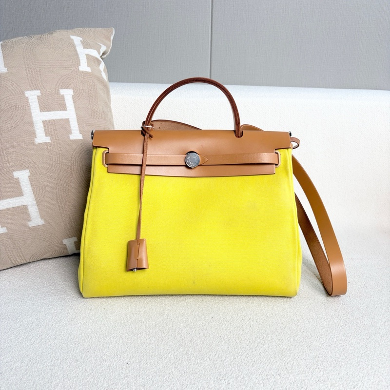 Hermes愛馬仕Herbag31 黃色拼棕色 帆布拼皮-0