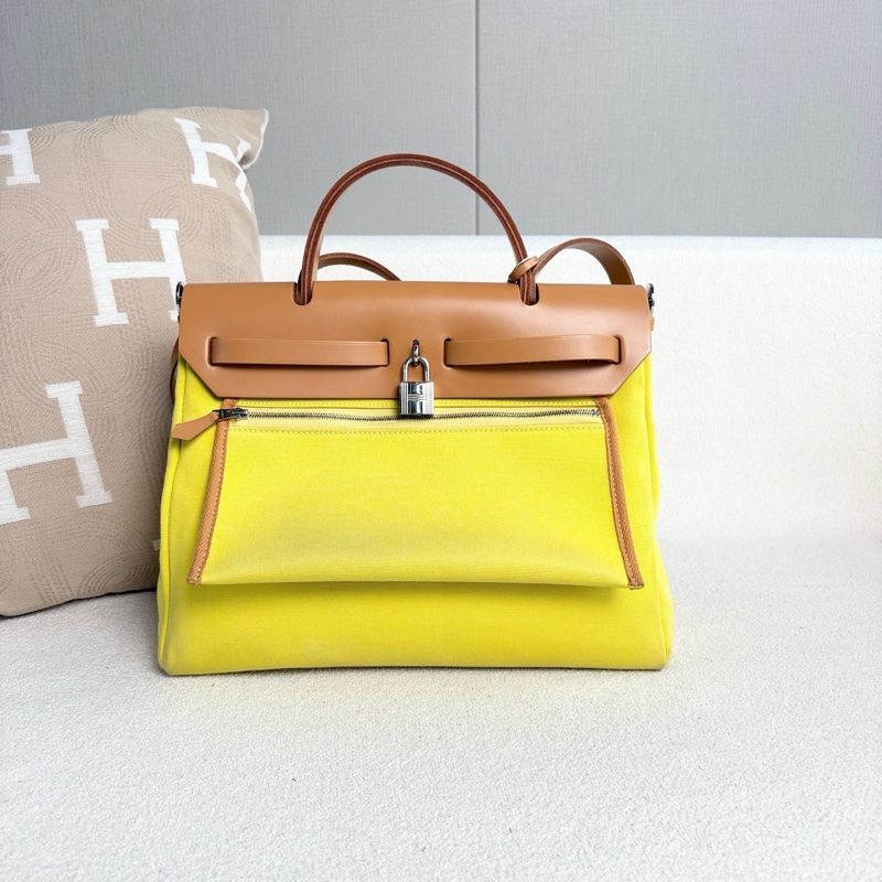 Hermes愛馬仕Herbag31 黃色拼棕色 帆布拼皮-1