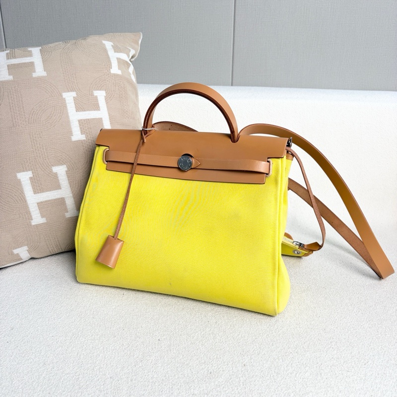 Hermes愛馬仕Herbag31 黃色拼棕色 帆布拼皮-2