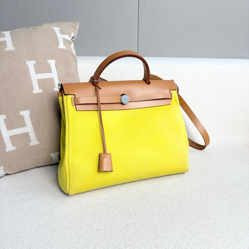 Hermes愛馬仕Herbag31 黃色拼棕色 帆布拼皮-4