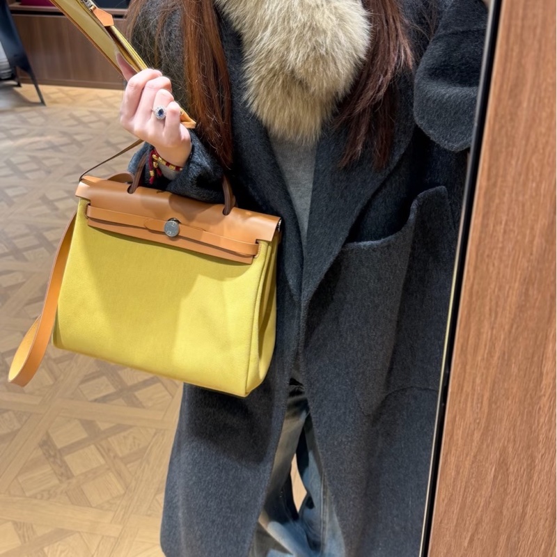 Hermes愛馬仕Herbag31 黃色拼棕色 帆布拼皮-7