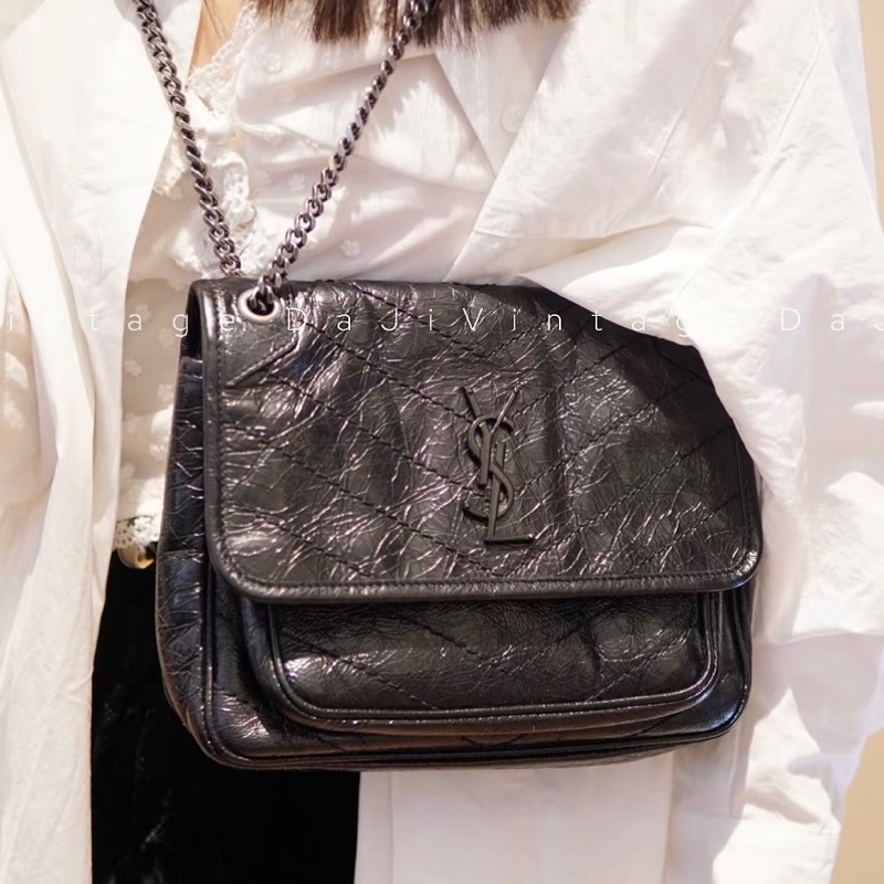 毫無抵抗力🥹99新🆕Ysl聖羅蘭黑銀油蠟皮小號Niki單肩斜挎包-1