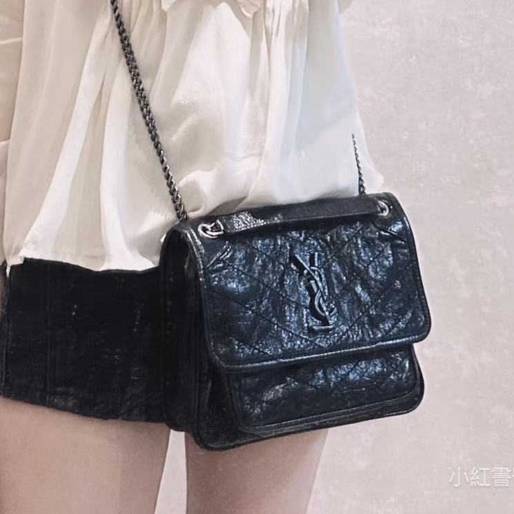 毫無抵抗力🥹99新🆕Ysl聖羅蘭黑銀油蠟皮小號Niki單肩斜挎包-2