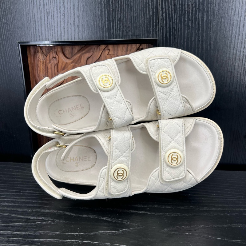 Chanel香奈儿 米白魔术贴凉鞋 37 碼-4