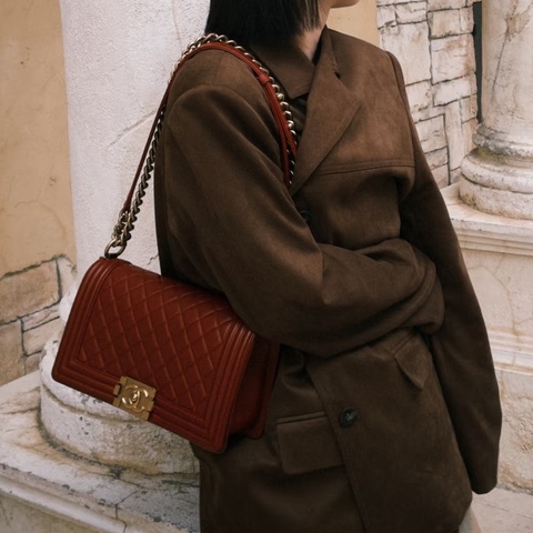 CHANEL專櫃25W🍄有購證香奈兒酒紅色金扣 中號leboy25 單肩斜挎包