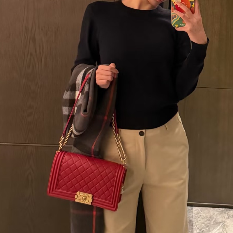 CHANEL專櫃25W🍄有購證香奈兒酒紅色金扣 中號leboy25 單肩斜挎包-1