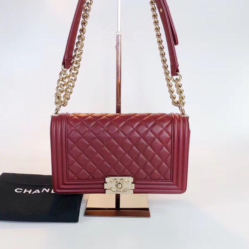 CHANEL專櫃25W🍄有購證香奈兒酒紅色金扣 中號leboy25 單肩斜挎包-3