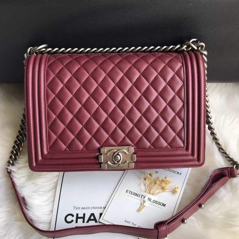 CHANEL專櫃25W🍄有購證香奈兒酒紅色金扣 中號leboy25 單肩斜挎包-6