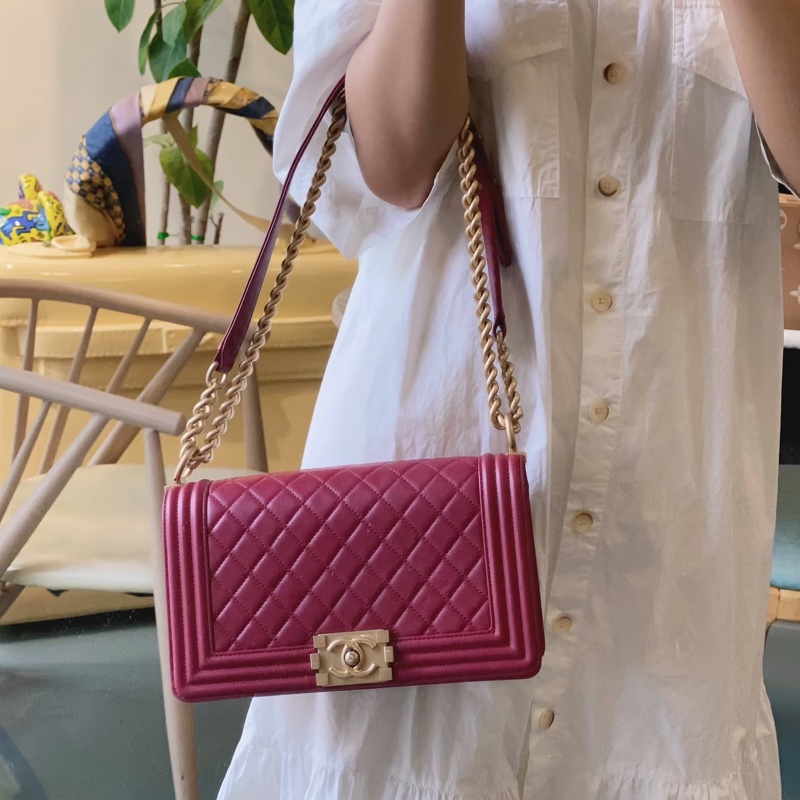 CHANEL專櫃25W🍄有購證香奈兒酒紅色金扣 中號leboy25 單肩斜挎包-7