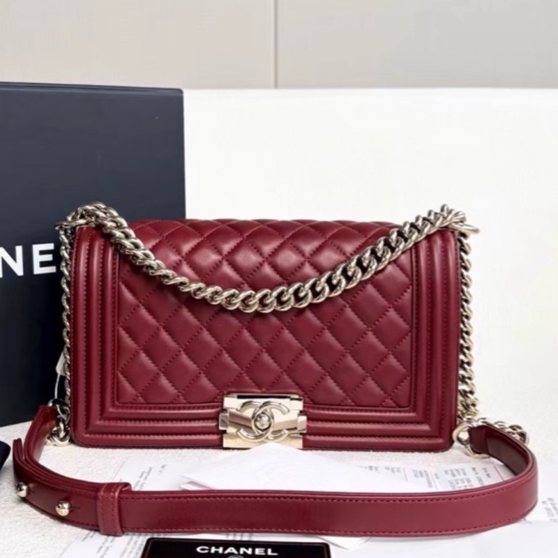 CHANEL專櫃25W🍄有購證香奈兒酒紅色金扣 中號leboy25 單肩斜挎包-10