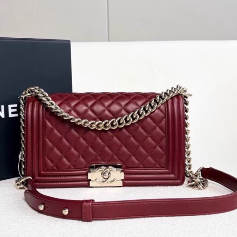 CHANEL專櫃25W🍄有購證香奈兒酒紅色金扣 中號leboy25 單肩斜挎包-11