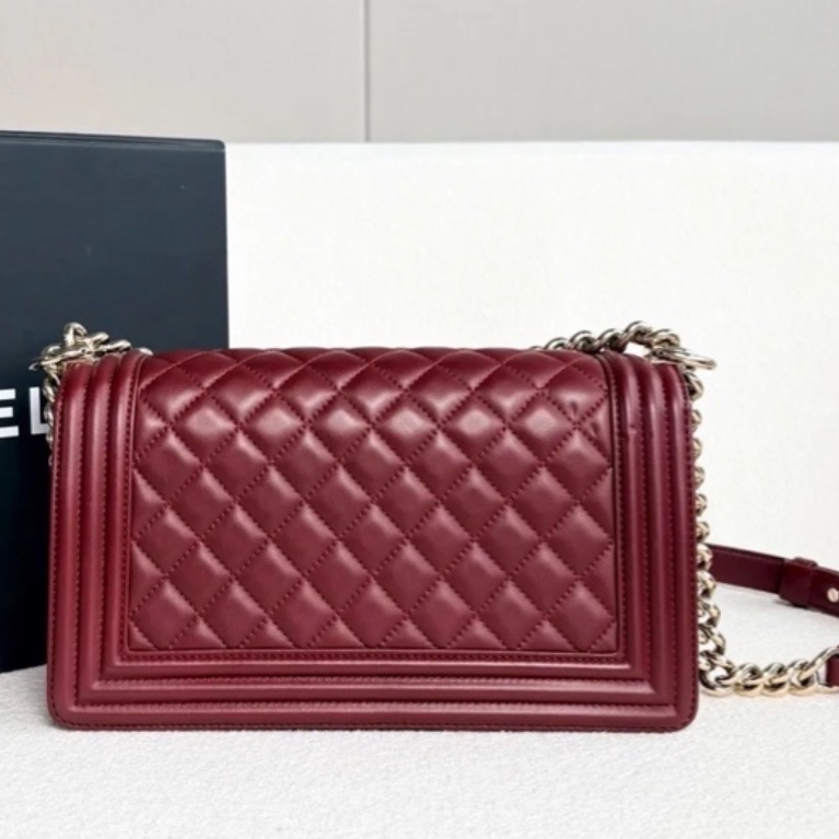 CHANEL專櫃25W🍄有購證香奈兒酒紅色金扣 中號leboy25 單肩斜挎包-12