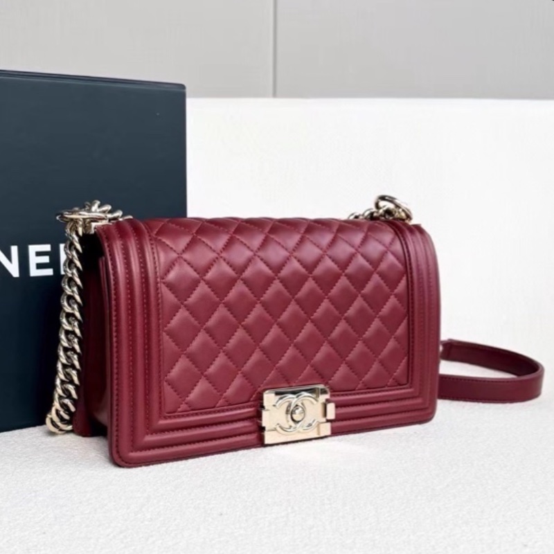 CHANEL專櫃25W🍄有購證香奈兒酒紅色金扣 中號leboy25 單肩斜挎包-13