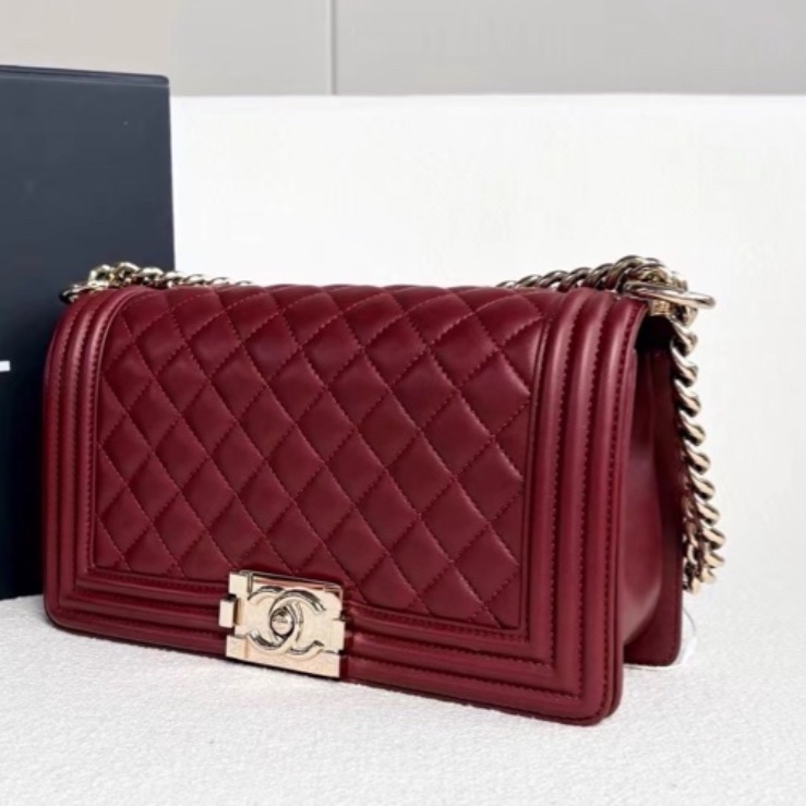 CHANEL專櫃25W🍄有購證香奈兒酒紅色金扣 中號leboy25 單肩斜挎包-15