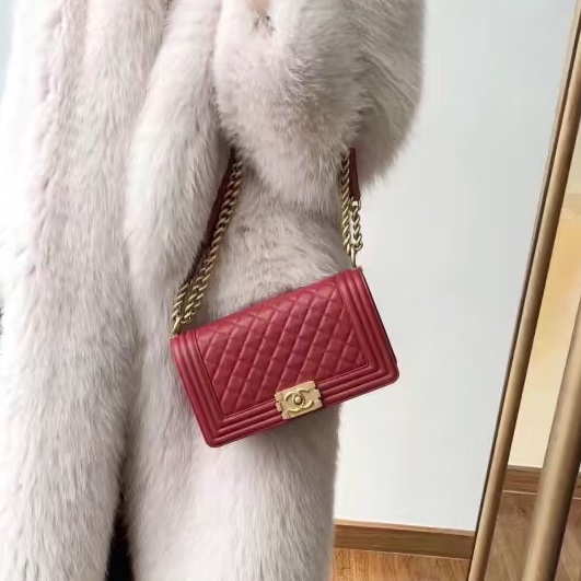 CHANEL專櫃25W🍄有購證香奈兒酒紅色金扣 中號leboy25 單肩斜挎包-9