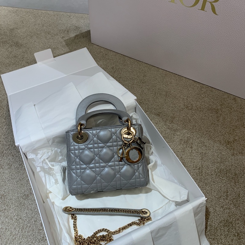 Dior迪奧珠光灰三格戴妃lady dior19年編碼  鏈條斜挎包-0