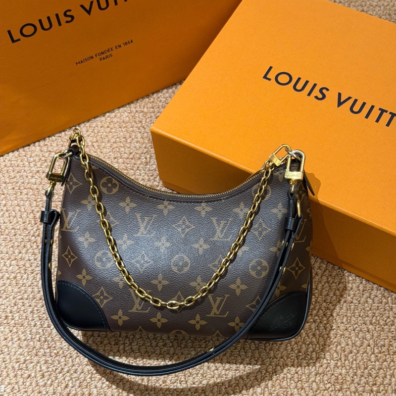 LV經典老花Boulogne黑牛角單肩包斜挎包芯片款-0