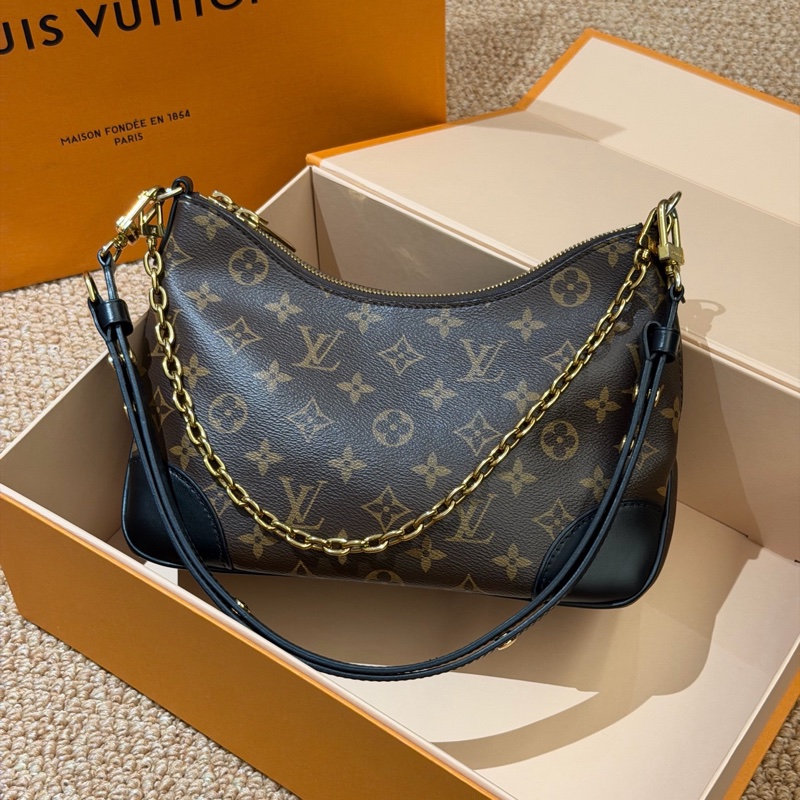 LV經典老花Boulogne黑牛角單肩包斜挎包芯片款-4