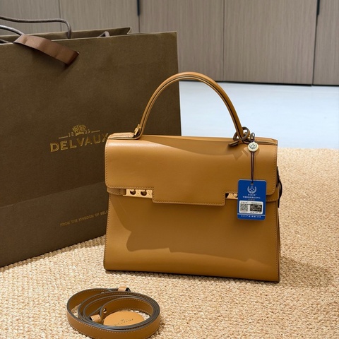 Delvaux 德爾沃Tempete焦糖色Box皮中號手提斜挎包