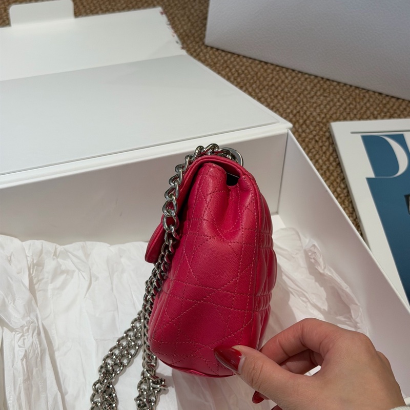 Dior迪奧玫粉色菱格紋小羊皮銀扣鏈條包單-1