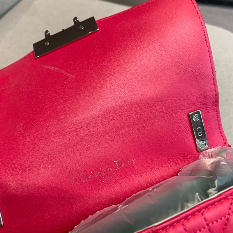 Dior迪奧玫粉色菱格紋小羊皮銀扣鏈條包單-23