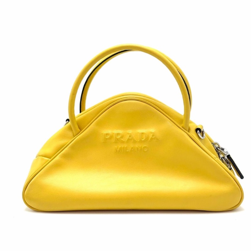PRADA檸檬黃銀扣Triangle 三角手提肩背斜背保齡球包25*14*11  9新 配件塵袋-2