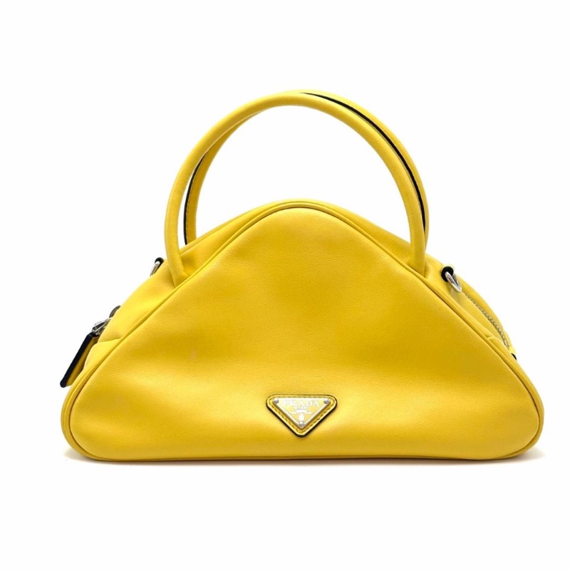 PRADA檸檬黃銀扣Triangle 三角手提肩背斜背保齡球包25*14*11  9新 配件塵袋-3