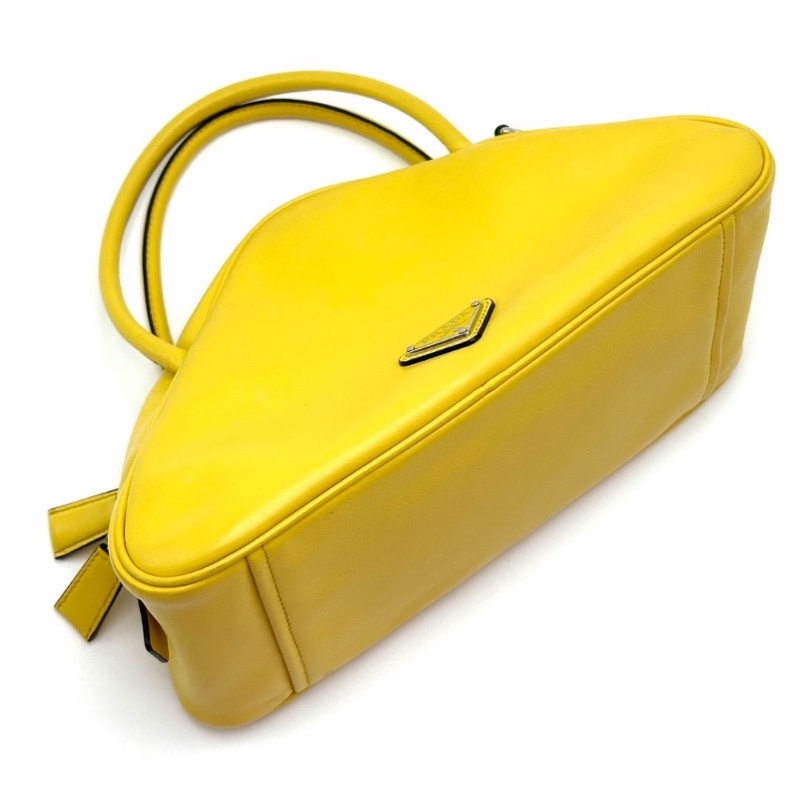 PRADA檸檬黃銀扣Triangle 三角手提肩背斜背保齡球包25*14*11  9新 配件塵袋-4