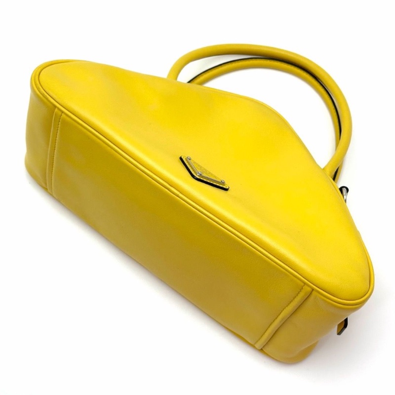 PRADA檸檬黃銀扣Triangle 三角手提肩背斜背保齡球包25*14*11  9新 配件塵袋-6